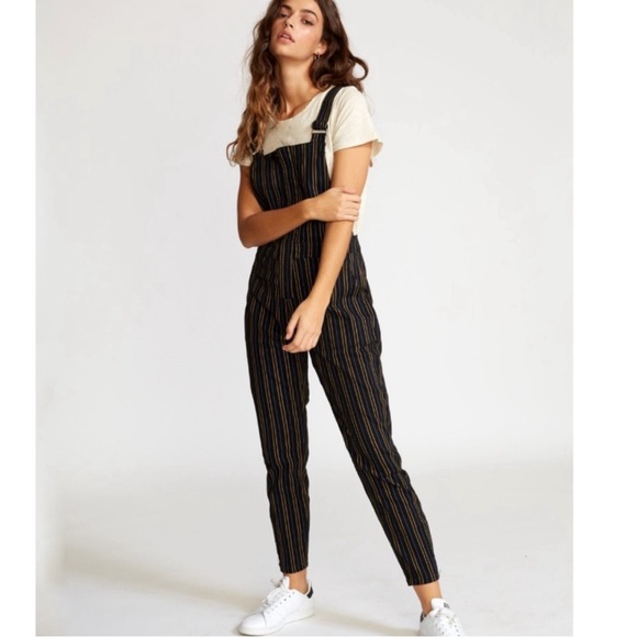NWT RVCA Overland Striped Black Overalls w Stretch MSRP $85 Front Zip Tapered - Picture 15 of 15